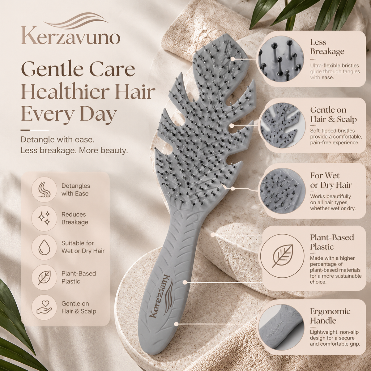 Kerzavuno® PureFlow Gentle Detangling Brush